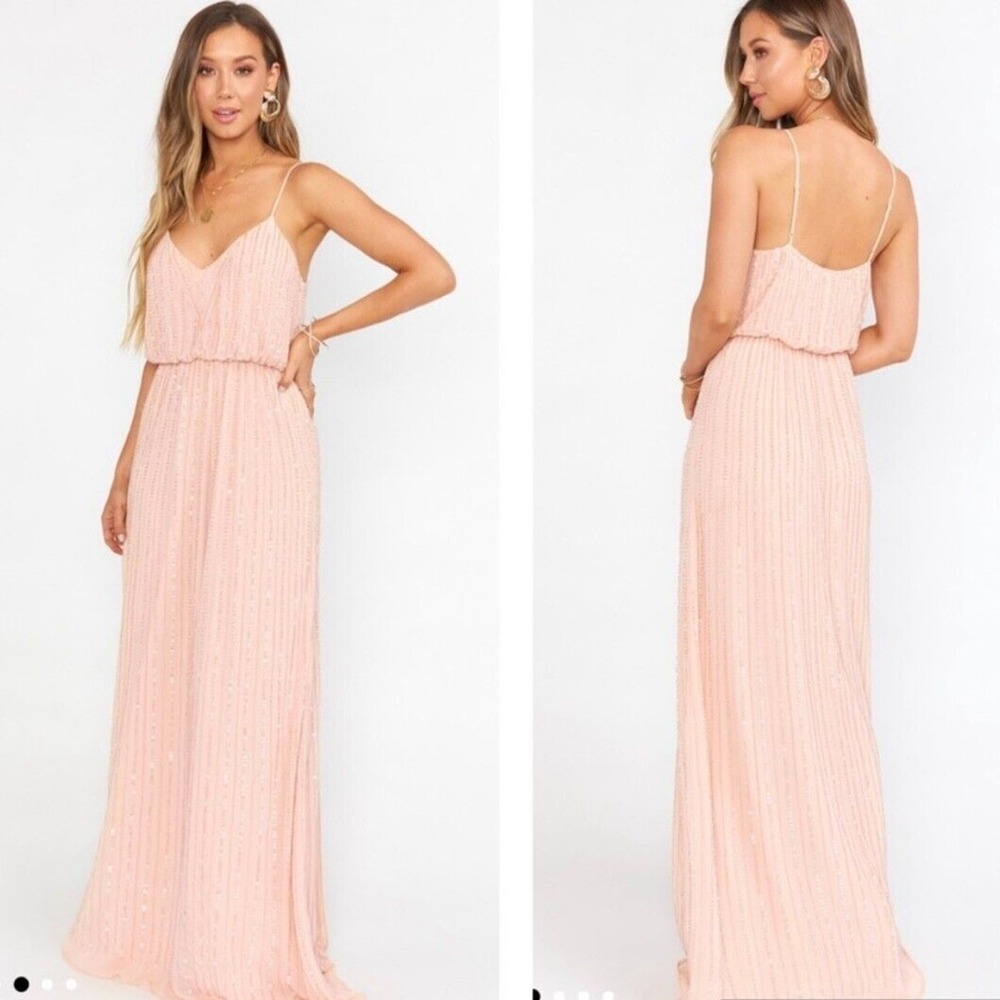 show me your mumu victoria maxi dress dusty blush pink beaded, women size medium